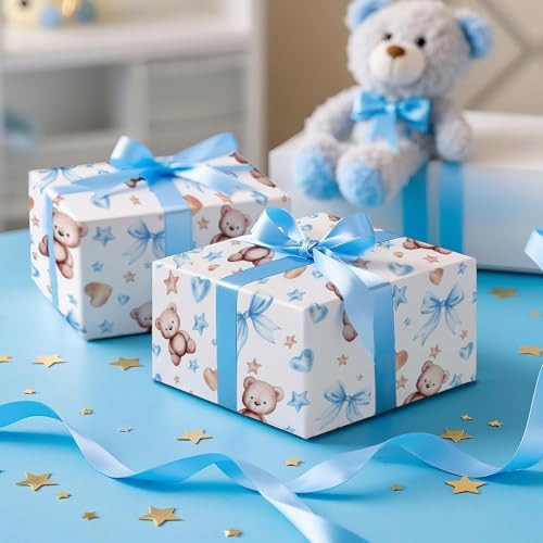 RUSPEPA Bear Bow Wrapping Paper Roll for Baby Boy, Mini Roll, Blue Bear with Heart, Bow and Star Gift Wrap Paper for Baby Shower, Birthday and Special Occasions, 17 Inches x 16.4 Feet