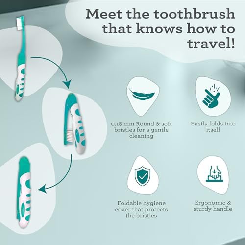 GuruNanda Folding Toothbrush with Built-in Cover & Toothpaste with Hydroxyapatite, Perfect for Travel, Compact & Portable, On-The-go - Soft Bristles & Ergonomic Handle, for Adults & Kids (1 Count)