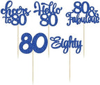 30pcs Happy 80th Birthday Cupcake Toppers - Eighty Cheers to 80 Years Old - Blue Glitter