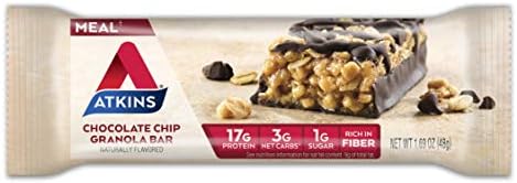 Atkins Chocolate Chip Granola Protein Meal Bar, High Fiber, 17g Protein, 1g Sugar, 3g Net Carbs, Meal Replacement, Keto Friendly, 8 Count