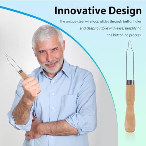2pcs Button Hook Assist Device with Easy-Grip Wooden Handle for Shirts, Coats, Dresses - Ideal Button Aids for Arthritis & Limited Dexterity Fine Tip