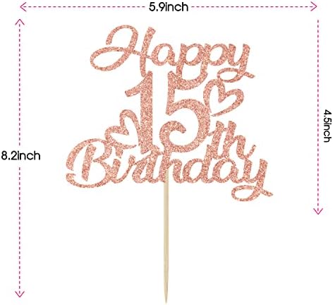 Rose Gold Glitter Happy 15th Birthday Cake Topper - Hello 15, Cheers to 15 Years, 15 & Fabulous, 15th Birthday/Anniversary Party Decorations