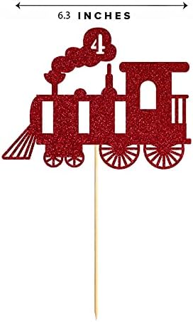 Red Train 4th Birthday Cake Topper, Red Glitter Boy Girl 4 Years Birthday Party Decoration