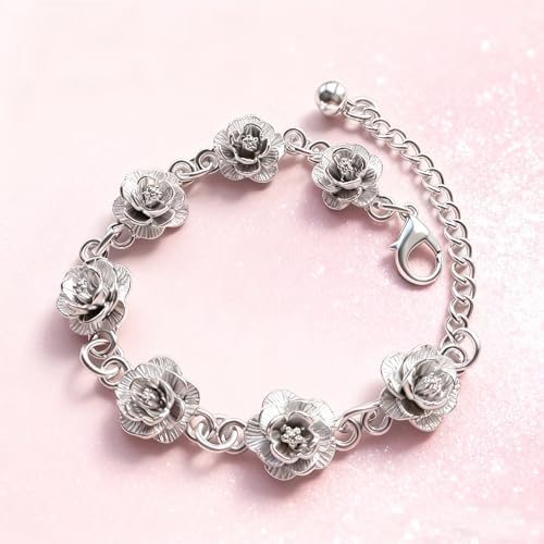 Charm Bracelet for Women Flower Bracelet Sterling Silver - Adjustable Dainty Plated Silver Jewelry Gift for Women