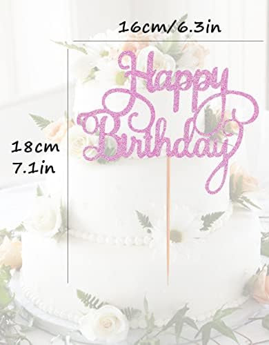Happy Birthday Cake Topper - Pink Glitter Happy Birthday Cake Bunting Decor - Anniversary Party Cake Decoration Supplies, for Photo Booth Props