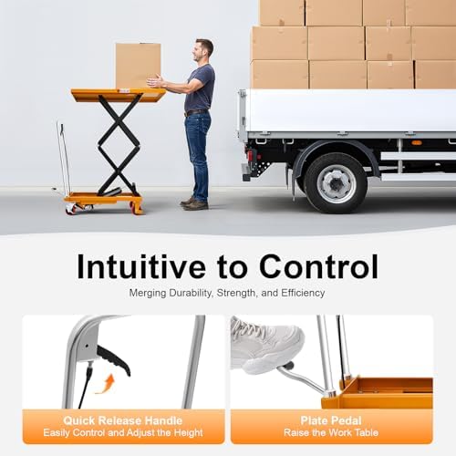 Double Scissor Hydraulic Lift Table Cart, 770lbs Capacity, 51" Lifting Height, Hydraulic Lift Table with 4 Wheels, Hydraulic Material Lift Pallet Truck for Factories, Warehouses, Supermarkets