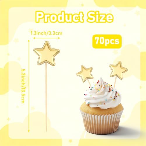 70 Pcs Gold Star Sticks Decor, Shiny Star Cake Topper Picks with Wooden Sticks for Birthday Wedding Baby Shower Party Cupcake Toppers Vase Decor