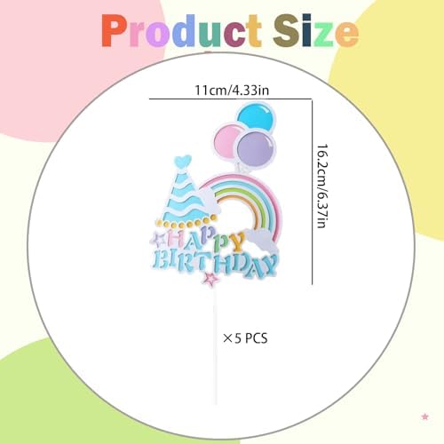 Rainbow Happy Birthday Cake Toppers – 5 Pcs Blue Birthday Hat Balloon Cake Decorations for Rainbows Theme Party, Birthdays Cake Decor Supplies