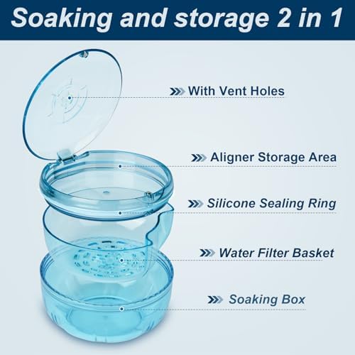 Retainer Cleaner Case,Double Layer No-Leak Denture Cup for Soaking Dentures, Denture Bath for Invisalign Aligner,Retainers,Mouth Guard,Night Guard (Blue)