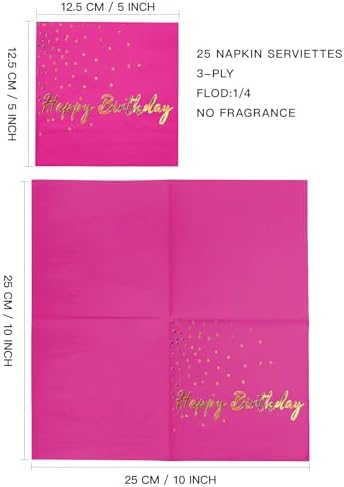 WRAPAHOLIC 25Pcs Dot Birthday Cocktail Napkins - 3-Ply Hot Pink Gold Foil Happy Birthday Lettering and Dot Disposable Paper Napkins for Baby Shower Party Tableware Party Supplies - 5 x 5 In