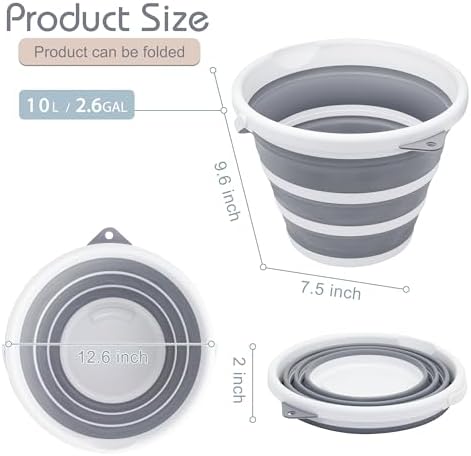 Goderewlid Collapsible Bucket 2.6 Gal/10L, Space-Saving, Portable Foldable Water Pail for Versatile Use, Home, Outdoors, Car Wash, Camping, Fishing - Grey, Single Pack