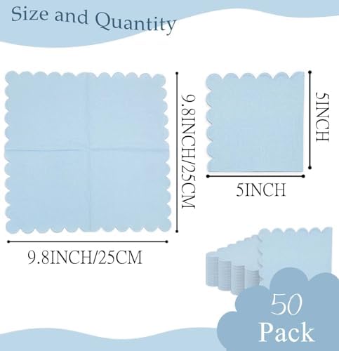 HEIPINIUYE 50 Pieces 2-ply Light Blue Napkin Disposable Scalloped Cocktail Napkins Beverage Napkins Dessert Napkins Paper Napkins for Wedding Birthday Party Paper Dinner Napkins