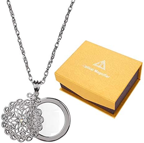 5X Necklace Magnifier Magnifying Glass Flower Pendant Retro Magnifying Loupe Pocket Jewelry Magnifier Necklace Elegant Long Sweater Chain with Jewelry Box for Senior Reading (Silver-Sliding Top)