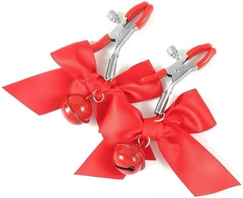 2Pcs Nipple Clamps, Adjustable Non-Piercing Body Jewelry with Bowknot Bells, Stainless Steel Decorative Clips for Women and Men (red)