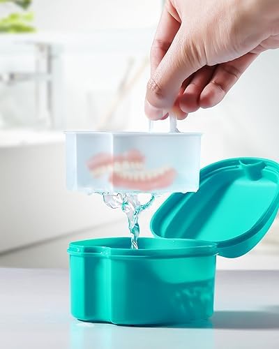 JMU 2pcs Denture Bath Case, Denture Cup for Soaking Dentures with Strainer Basket Tray for Dentures, Mouth Guard Storage Case (Navy Blue/Teal Blue)