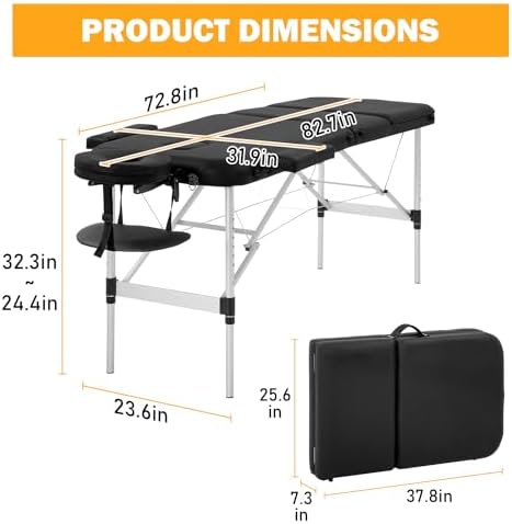 PayLessHere Massage Table Portable Spa Bed Aluminium 3 Folding Lash Bed Height Adjustable Spa Table with Non-Woven Bag