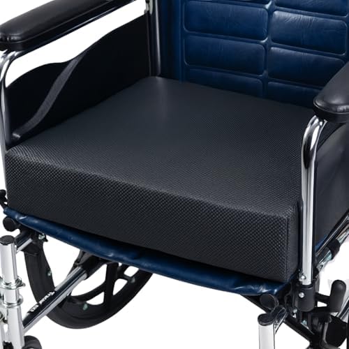 Secure Wheelchair Wedge Seat Cushion 18" x 16" x 4" - High-Density Foam Anti-Slip Cushion with Safety Strap for Proper Positioning, Pressure Relief & Comfort - Liquid-Resistant Vinyl Cover –