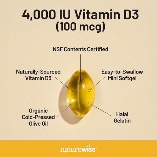 NatureWise Vitamin D3 4000iu (100 mcg) 200-Day Supply for Immune Support, Healthy Muscle Function, and Bone Health - Non-GMO, Gluten Free in Organic Extra Virgin Olive Oil, (Mini Softgel), 200 Count