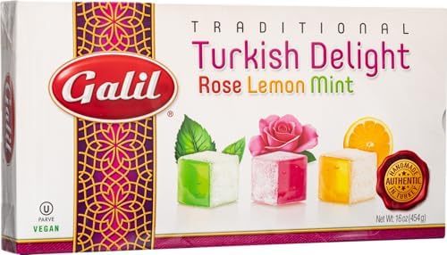 Turkish Delight Galil (Rahat Lokum) Rose Lemon Mint Flavor Gift Box – Authentic Traditional Turkish Dessert Assortment, Handmade in Turkey, Soft Chewy Powdered Sugar Coated Lokum, Kosher & Vegan Gourmet Middle Eastern Candy, 16oz/454g
