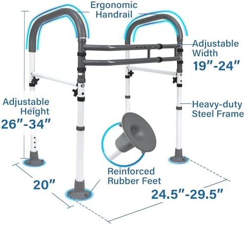 Vaunn Medical Deluxe Adjustable and Foldable Toilet Safety Frame, Bathroom Handrail Assist Grab Bar Handle (Gray, Adjustable Width and Height)