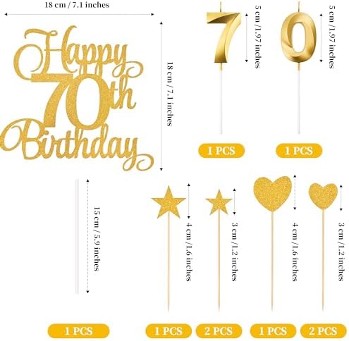 70th Birthday Cake Decorations, 70th Birthday Candles Cake Numeral Candles and Glitter Happy 70th Birthday Cake Toppers Set for Birthday Party Supplies (Gold)