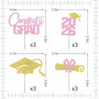 12 Pcs Graduation Cupcake Toppers,Congrats Grad Cupcake Picks Glitter Class of 2026 Cupcake Toppers,Graduation Party Decorations 2026 Pink and Gold