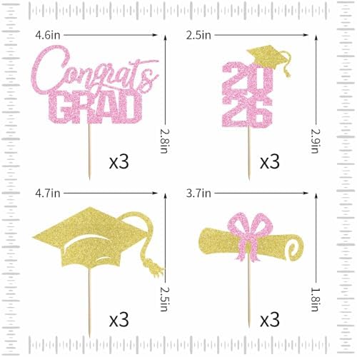12 Pcs Graduation Cupcake Toppers,Congrats Grad Cupcake Picks Glitter Class of 2026 Cupcake Toppers,Graduation Party Decorations 2026 Pink and Gold