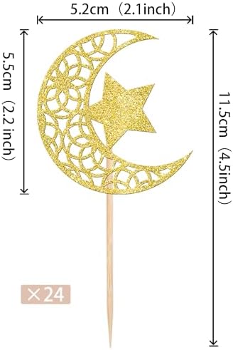 Rsstarxi 24 Pack Gold Glitter Moon and Star Cupcake Toppers Eid Mubarak Cupcake Toppers Ramadan Kareem Party Cupcake Picks for Eid Islamic Muslim Party Cake Decorations