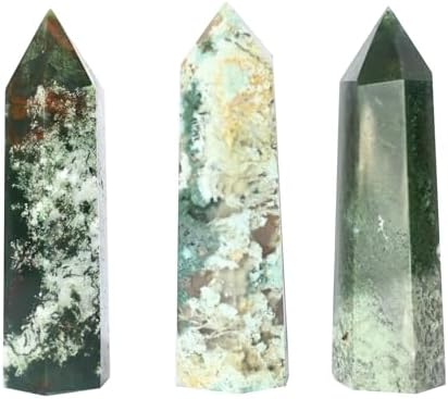 Angelstones Natural Moss Agate Gemstone Healing Crystal Hexagonal Pointed Reiki Chakra Faceted Prism Wand Carved Stone Figurine Home Decor