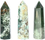 Angelstones Natural Moss Agate Gemstone Healing Crystal Hexagonal Pointed Reiki Chakra Faceted Prism Wand Carved Stone Figurine Home Decor