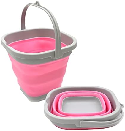 SAMMART 2.6L (0.68 Gallon) Super Mini Sqare Collapsible Plastic Bucket - Foldable Square Tub - Portable Fishing Water Pail - Space Saving Outdoor Waterpot (Grey/Pink (Set of 2))