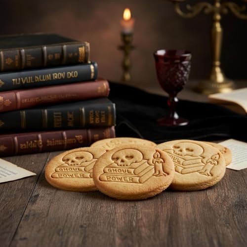 BAKERLOGY Ghoul Power Cookie Cutter – Feminist Skull and Spellbook Biscuit Embosser, Witchy Fondant Stamp for Halloween Baking, Pagan Crafts and Magical Occasions