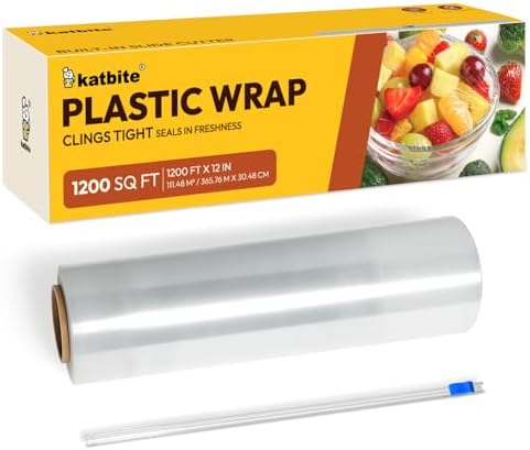 Katbite Plastic Wrap with Removable Slide Cutter, 12inch X 1200 Square Foot, Food Service Clear Film Roll, Thick Enough Stronger Durable Stretch for Daily & Comercial Use