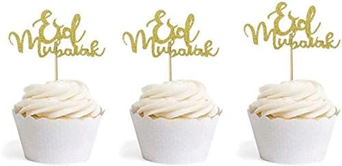 Confetti Eid Mubarak Cup Cake Topper Ramadan Kareem Party Decorations Islamic Muslim Party Decors Supplies Gold Glitter 20Pcs