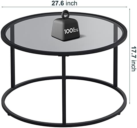 SAYGOER Round Coffee Table Glass Coffee Tables for Small Space Simple Modern Center Table for Living Room Home Office, Sofa Side Table with Metal Steel Frame, Easy Assembly, Gray Black