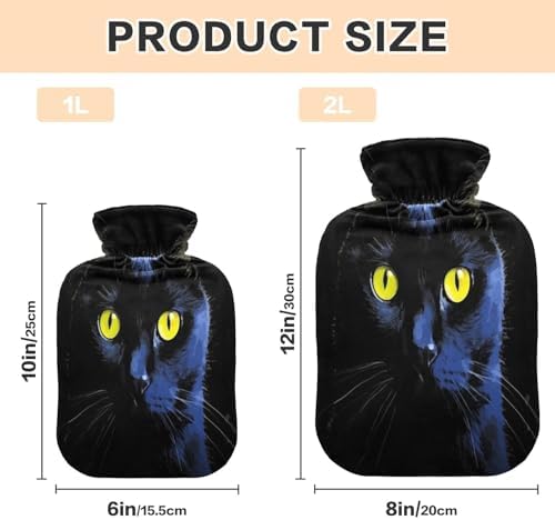 YETTASBIN Black Cat Hot Water Bottle, 2L Transparent Leakproof Hot Water Bag Washable Heat Resistant Water Bottle with Soft Plush Cover for Menstrual Cramps Neck and Shoulder Pain Relief