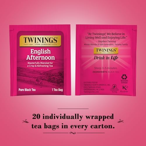Twinings Tea, English Afternoon Tea 2-Pack – Uplifting and Refreshing Caffeinated Black Tea Bags Individually Wrapped, 20 Count Each