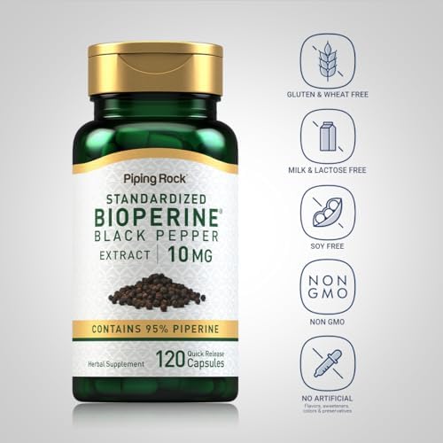 Piping Rock Bioperine Supplement 10mg | 120 Capsules | Black Pepper Extract | 95% Piperine | Gluten Free, Non-GMO