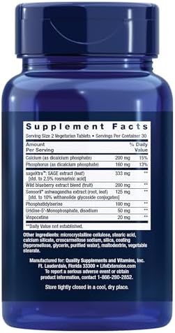 Life Extension Cognitex® Elite, sage, Blueberry, ashwagandha, phosphatidylserine, vinpocetine, Attention, Focus, Mood & Memory, Gluten-Free, Non-GMO, Vegetarian, 60 Tablets