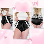 Littleforbig Washable Reusable Waterproof Ruffled Lace Bow Pretty in Black Satin Over Adult Diaper Cover XL