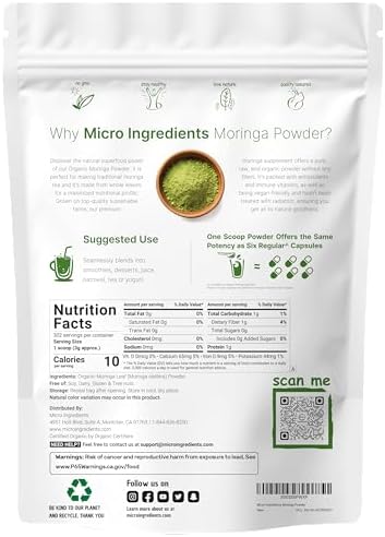 Micro Ingredients Organic Moringa Oleifera Leaf Powder, 2 Pound | Rich in Antioxidants & Immune Vitamins | Pure Leaves Without Stems | Great Superfoods for Tea or Drink | India Grown, Vegan