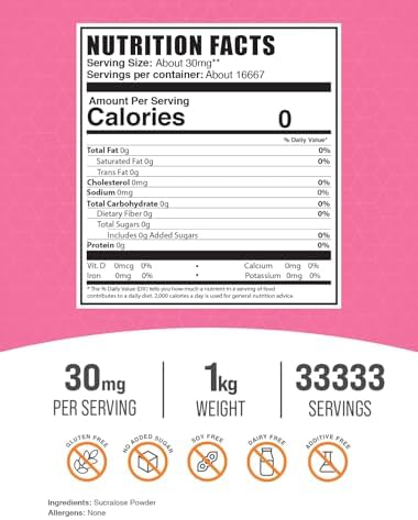BulkSupplements.com Sucralose Powder - Sugar Alternative - Zero Calorie Sweetener - Artificial Sweeteners - Keto Sweetener, 30mg per Serving, 1kg (2.2 lbs) (Pack of 1)