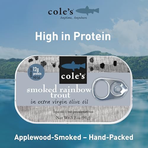 COLE’S - Smoked Trout Fillet with Extra Virgin Olive Oil | 3.2oz Hand-Packed Canned Fish | High in Protein & Vitamin D | Preservative Free | Pack of 5