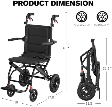 Lightweight Transport Portable Folding Wheelchair, Ultra-Light Wheelchair (Only 17lbs) with Telescopic Handle & Cupholder for Adults Seniors Kids,Support 220lbs