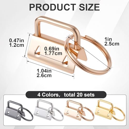 OIIKI 20 Pack Key Fob Hardware, Wristlet Keyfob Hardware Set with Split Rings, 25mm Keychain Clamp for Wristlets Key Lanyards Webbing Leash- 4 Colors