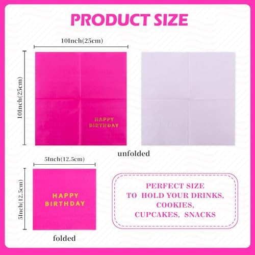 Vuzvuv 52 Pack Gold Foil Happy Birthday Cocktail Napkins - Birthday Party Dinner Hand Napkin for Party Supplies Decorations Table Decor for women man(5" Folded 3 Ply-Hot Pink)