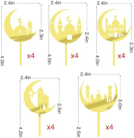 20 Pieces Eid Cupcake Toppers,5 Styles Acrylic Moon Star Umrah Mubarak Cupcake Decorations, Ramadan Mubarak Cake Decorations, Muslim Eid al-Fitr Party Decorations Gold