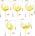 20 Pieces Eid Cupcake Toppers,5 Styles Acrylic Moon Star Umrah Mubarak Cupcake Decorations, Ramadan Mubarak Cake Decorations, Muslim Eid al-Fitr Party Decorations Gold