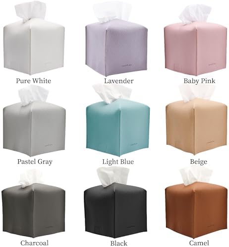 Tissue Box Cover Holder, Square with Bottom Belt by Carrot's Den - PU Leather Decorative Organizer for Tabletop, Bathroom, Car, Office (Light Blue)