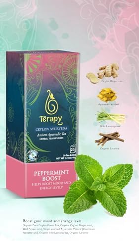 TERAPY Ceylon Peppermint Tea - Boosts Well-being & Energy Levels, 100% Pure Peppermint Tea Bags, Low Caffeine, Refreshing Herbal Flavor, 20 Individually Wrapped Unbleached Bags for Freshness (1 Pack)
